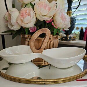 VTG MCM BRANDANI ITALY Large White Ceramic Divided Dish Bamboo Handle 12" Retro